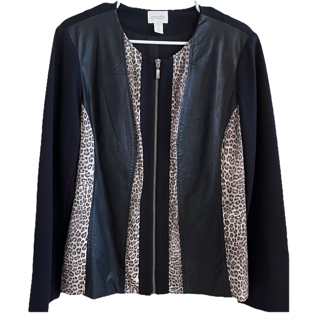 Chico's Women's Black Sz 2 (L) Faux Leather Jacket Animal Print Full Zip